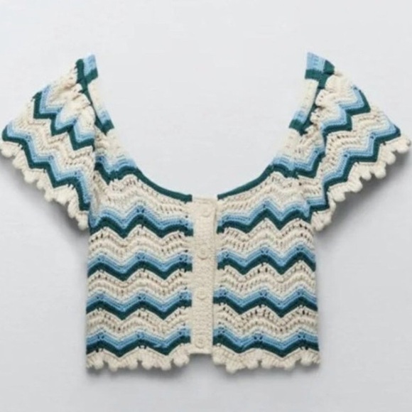 Zara Crochet NWT Crop Top Chevron Scalloped Button Front - Picture 4 of 8